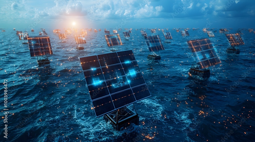 Poster Floating solar panels gently swaying on the vast ocean surface harnessing both solar and hydro energy to create a sustainable and eco friendly power source