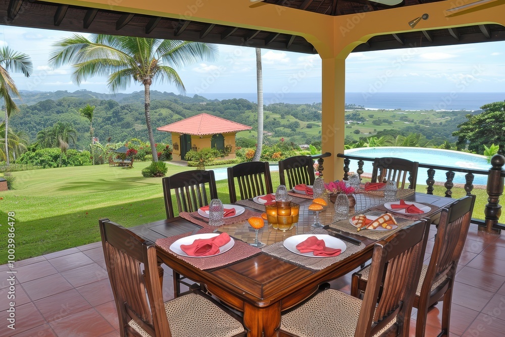 Poster a large dining table with many chairs and a view of the ocean