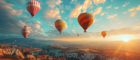 Obraz premium Vibrant hot air balloons soar in a dawn sky above picturesque mountains. Serene and dreamlike, the scene captures the beauty of a sunrise flight.