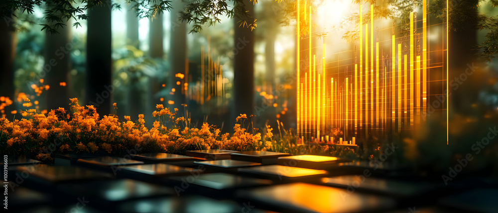 Poster serene forest scene with golden light filtering through trees, illuminating vibrant flowers and crea