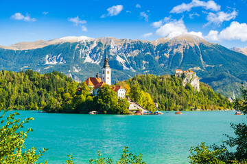 Bled lake in Slovenia in autumn, amazing landscape