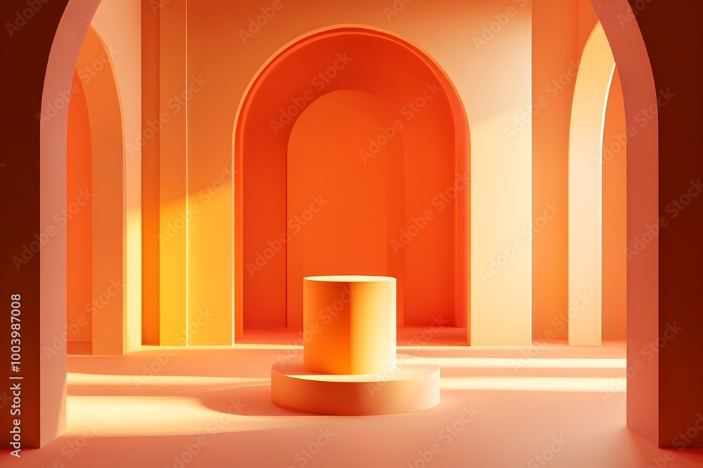 Poster sleek 3d rendered open concept studio space featuring a singular geometric product display pedestal 