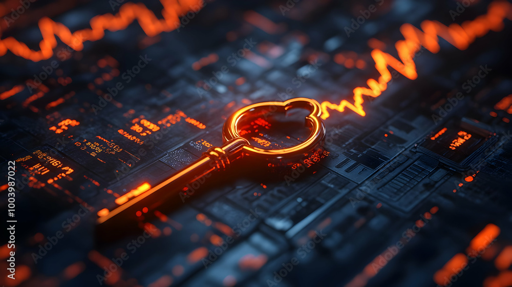 Poster a glowing key on a high-tech digital background, symbolizing security and innovation.