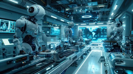 Futuristic robotics laboratory with advanced AI robots performing tasks, showcasing cutting-edge technology and innovation in automation.