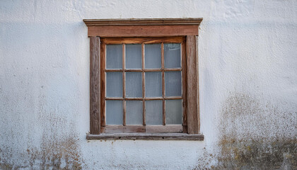 Window with weathered wooden frame, rough white cement wall. Natural wood. Building exterior.