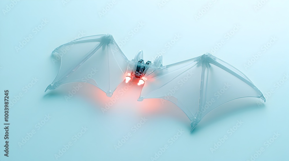 Poster Futuristic design of a pair of glowing LED bat wings laid flat on a white surface with a slight glow reflecting off the surface creating a digital sci fi inspired concept