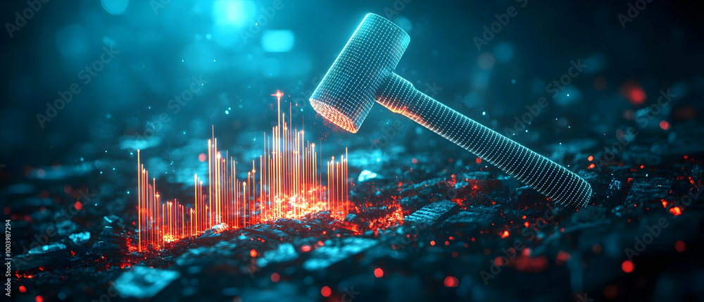 Poster digital representation of a gavel striking a vibrant data visualization, symbolizing decision-making