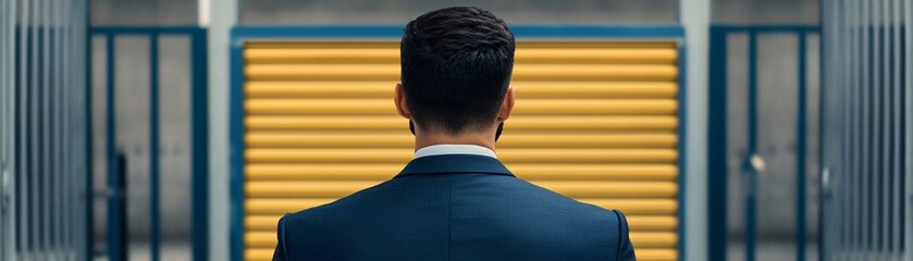 A businessman wearing a suit, standing with his back to a vibrant yellow backdrop, conveying a sense of contemplation and determination in a modern urban environment.