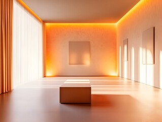 Minimalist 3D studio space with warm orange lighting clean lines natural window shadows and a sense of depth and perspective for product showcasing and display