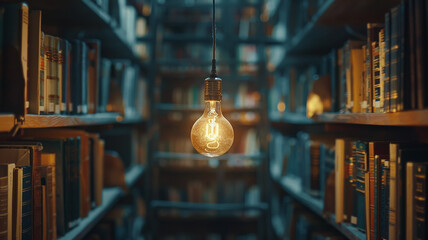 Obraz premium library, vintage light bulb light of knowledge on the background of shelves with old books, background copy space