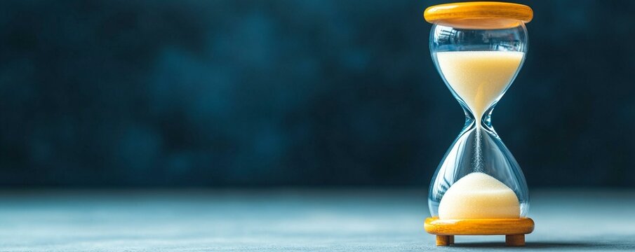 A close-up of a colorful hourglass with sand flowing, symbolizing the passage of time and the importance of time management, set against a soft, blurred background.