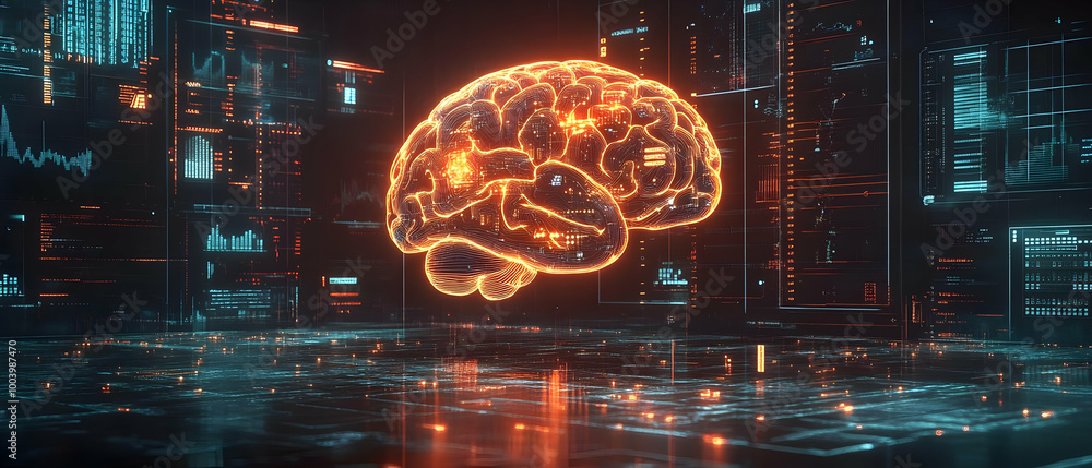 Poster digital brain visualization in a tech environment, showcasing neural connections and insights with g