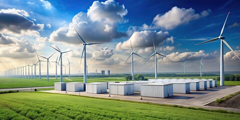 Wind power plants and energy storage buildings reflected on the ground