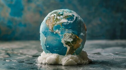 A globe on melting ice symbolizes global warming and climate change urgency. The image portrays Earth with icy regions, emphasizing the need for immediate action.