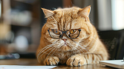 A scientist cat with glasses reads accounting documents, humor a business colleague