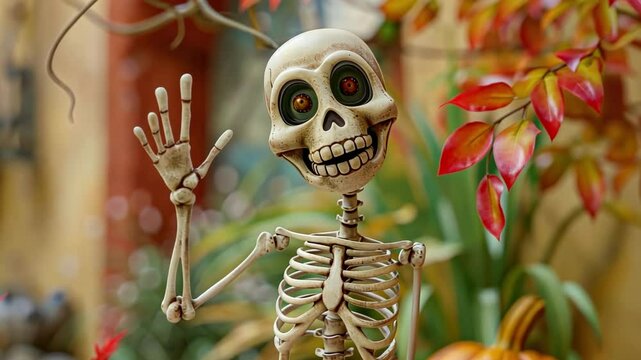 Cheerful skeleton waving amidst colorful autumn leaves and festive pumpkins