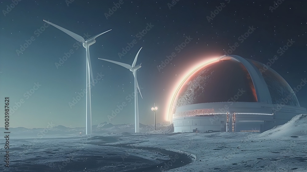 Poster futuristic wind farm on the lunar surface with giant turbines harnessing the power of space winds to