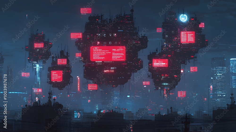 Poster Glowing Abstract City Skyline at Night with Colorful Text Bubbles and Notifications Lighting Up the Urban Landscape Like Shimmering Windows