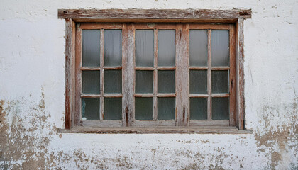 Window with weathered wooden frame, rough white cement wall. Natural wood. Building exterior.