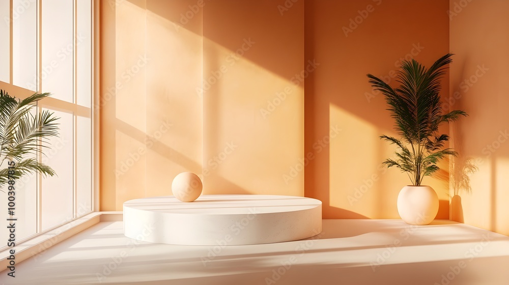 Poster minimalist 3d studio layout featuring a clean architectural interior design with a product display s