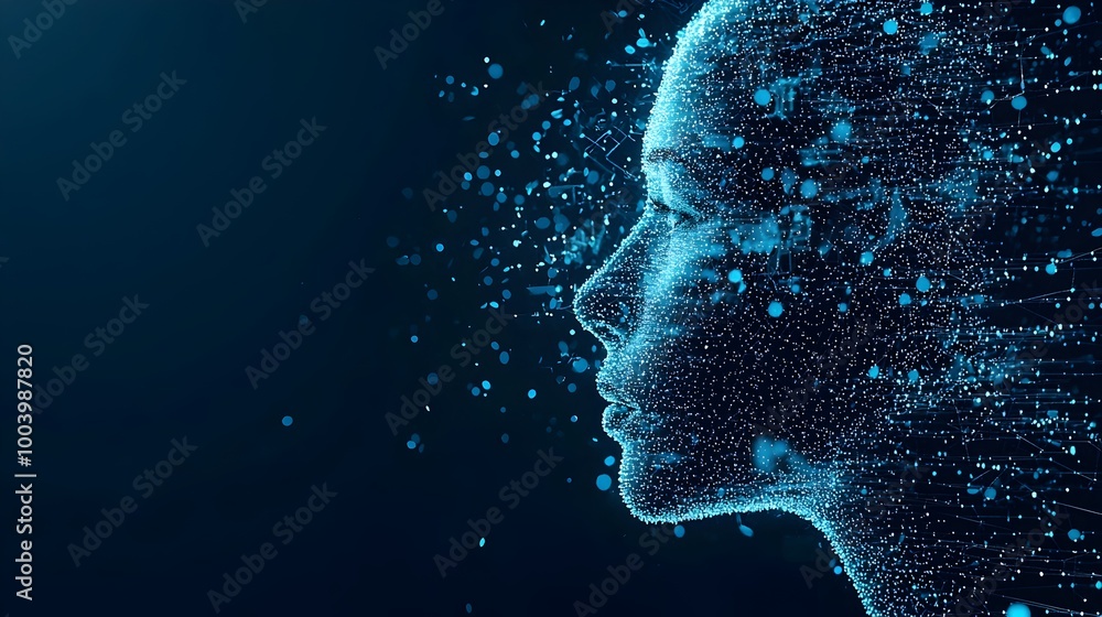 Poster glowing digital network of interconnected dots and lines forming an abstract shape of a human face r