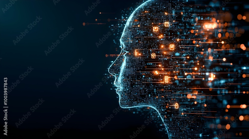 Fototapete Glowing Digital Face   Abstract Network of Dots and Lines Forming a Human Face Representation of Digital Identity and Modern Technology