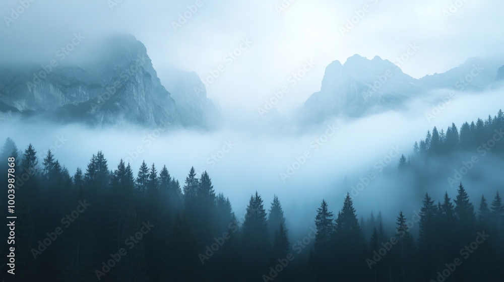 Poster a misty mountain range with trees in the foreground
