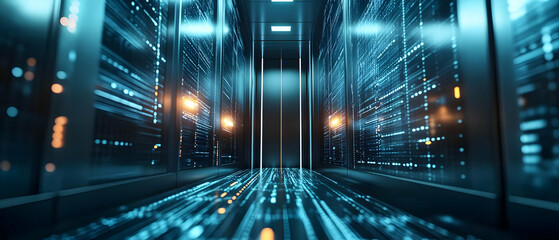 Futuristic server room with blue lights and digital data flow, ideal for tech-related themes.