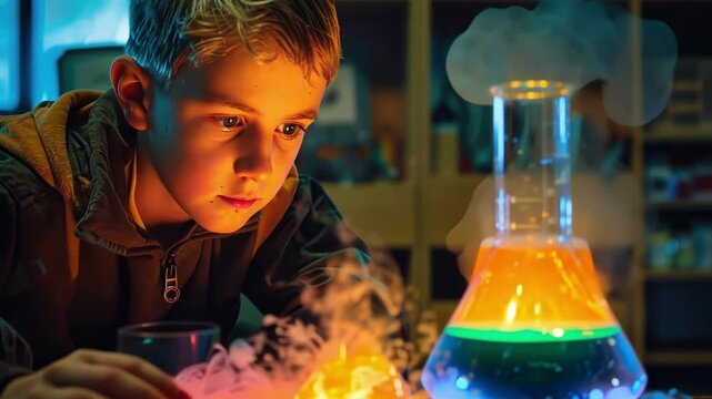 Curious child conducting colorful science experiment with glowing flask