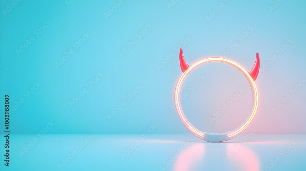 Poster glowing neon devil horn headband lying flat with faint reflections on a white glossy surface futuris