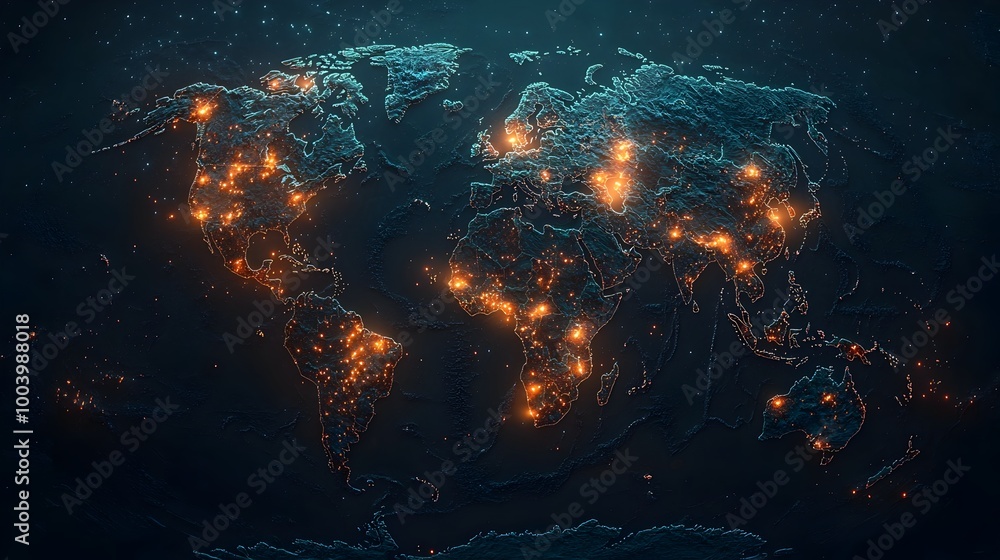 Fototapete Glowing Digital World Map Visualizing Global Social Media Interactions Represented in Flowing Binary Code Symbolizing the Interconnected Digital Landscape and Information Network of the Modern World