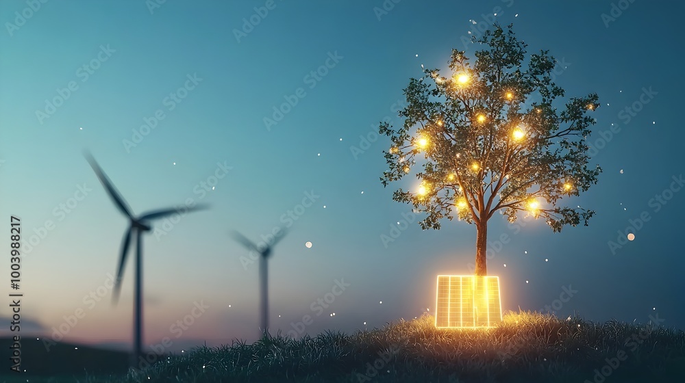 Poster glowing tree branches formed by solar panels and wind turbines symbolizing the innovative future of 
