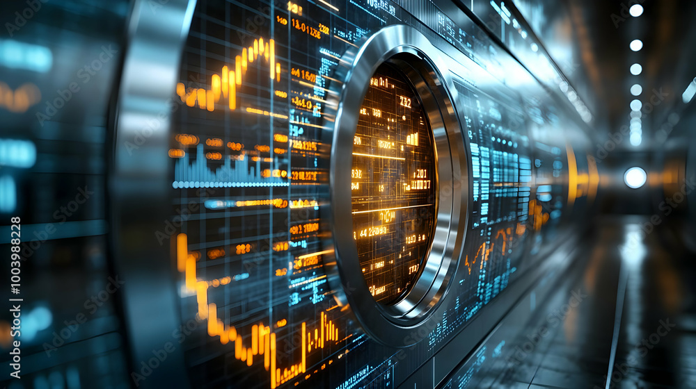 Poster futuristic interface showcasing data visualization with vibrant graphs and circular elements, set in