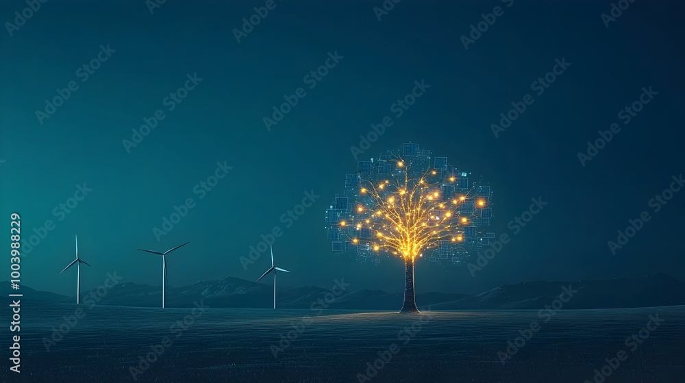 Leinwandbilder glowing tree with branches formed by solar panels and wind turbines representing the future of renew