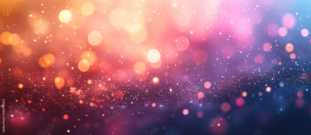 Poster abstract festive background with colorful bokeh lights and glitter.