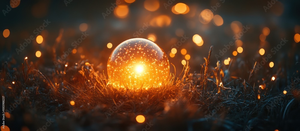 Poster a glowing orb sits on the grass with a soft, warm light emitting from its center. the surrounding gr
