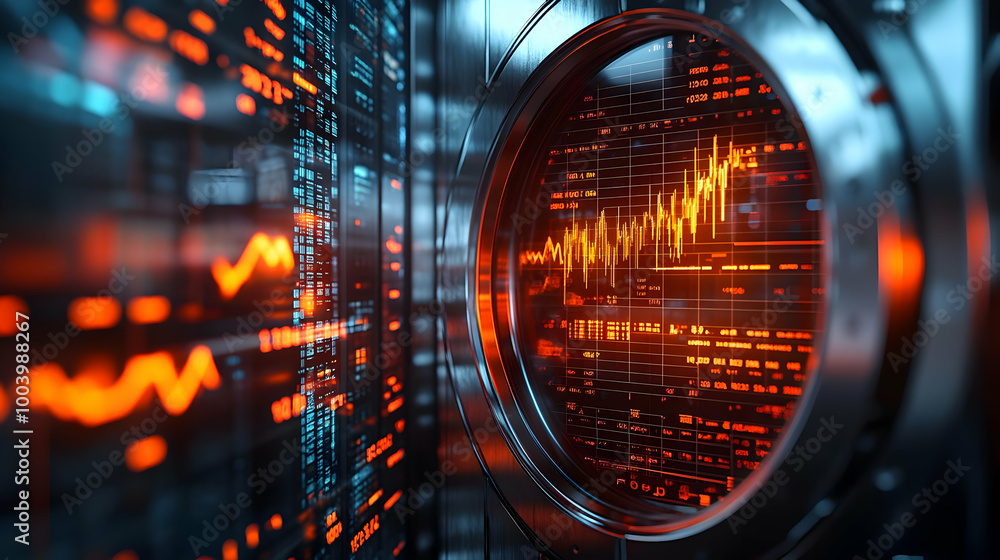 Poster abstract technological visualization with data graphs and glowing lines in a digital environment.
