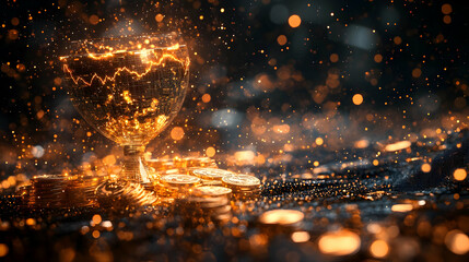 A shimmering golden trophy surrounded by sparkling coins on a dark background.