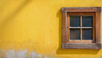 Window with weathered wooden frame, rough yellow cement wall. Natural wood. Building exterior.