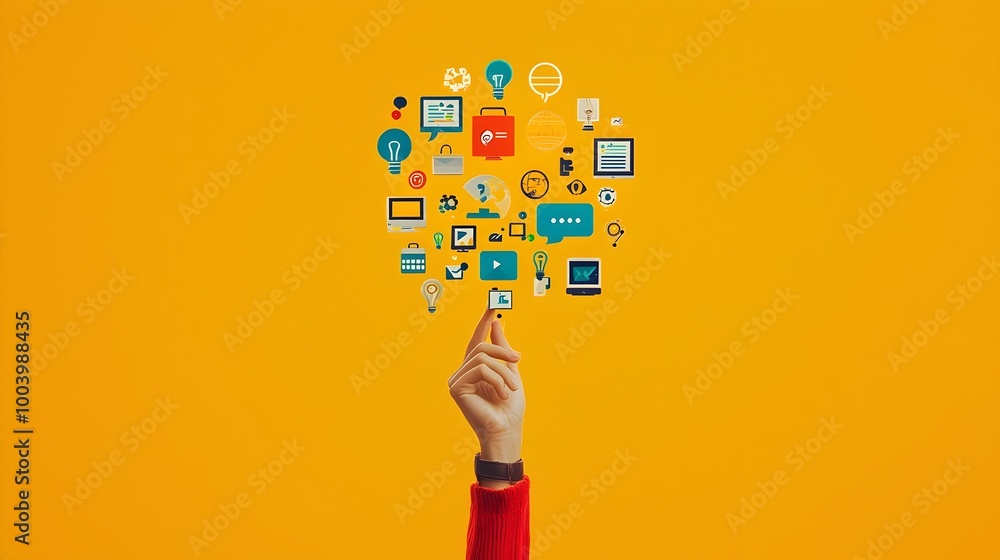 Aufkleber Hand holding a bouquet of floating digital icons each representing various forms of engagement and interaction in the modern technology driven world