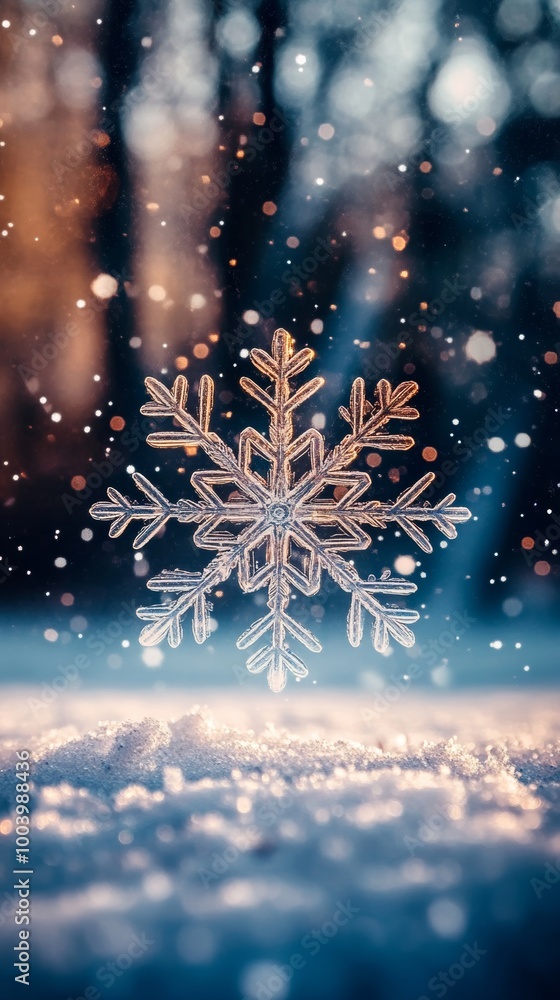 Poster snowflake on snow with bokeh lights in