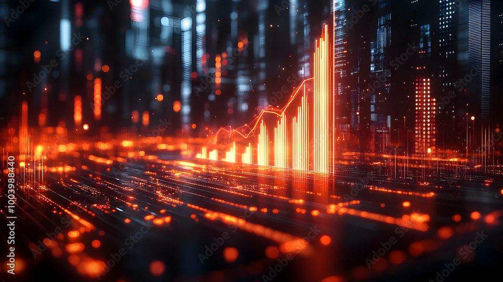 Poster abstract digital background with glowing data visualization and statistics graph in red and orange t