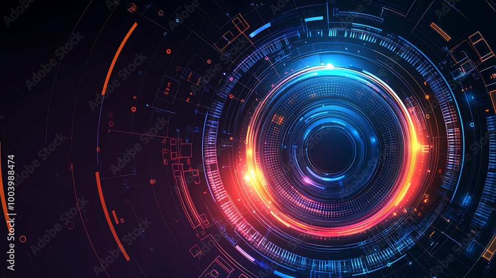 Poster abstract digital technology background with glowing circles and lines.