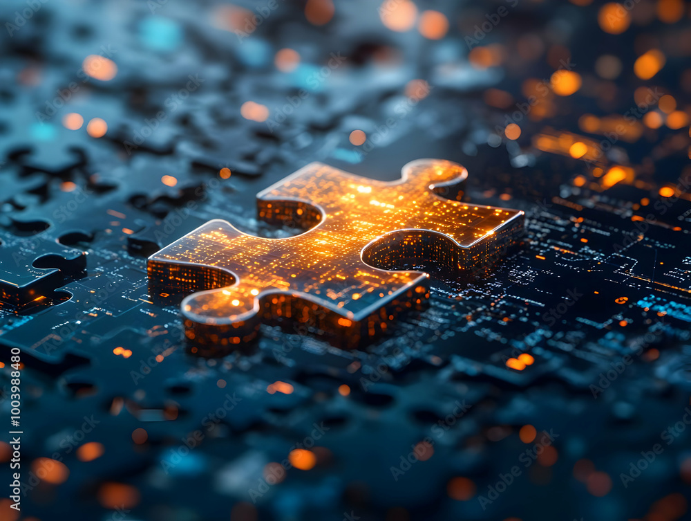 Poster a glowing puzzle piece on a digital background, symbolizing innovation and problem-solving in techno