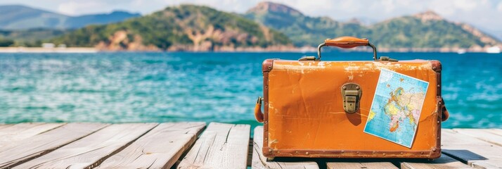 Vintage Suitcase With World Map on Wooden Dock Overlooking Turquoise Ocean. Travel Concept.