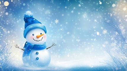 Fototapeta premium Christmas marketing banner with a happy snowman and sparkling snowflakes