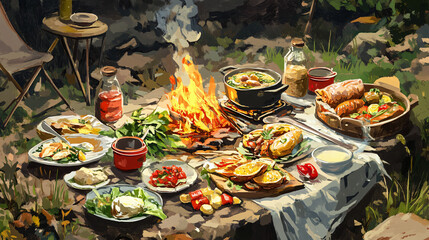An artistic representation of various camping meals being prepared outdoors, celebrating outdoor cooking.