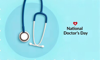 Illustration celebrating National Doctor's Day with a stethoscope on a blue background, symbolizing healthcare and medical professionals..