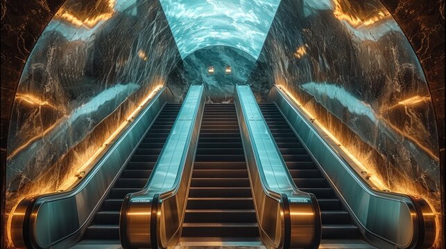 An escalator in the middle of an underground passage, the walls made from dark brown marble with light blue glazing and vertical texture foil wallpaper, a long stairway to water surface at far end.