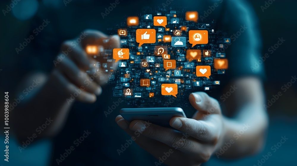 Poster Hand Holding a Smartphone with Reflections of Likes and Comments in the Eye Symbolizing the Attention and Influence of Social Media in the Digital Age